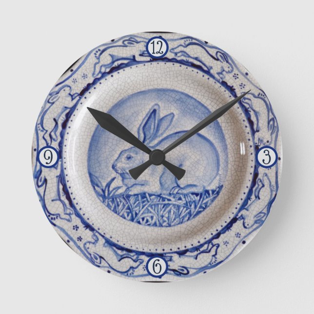 Blue & White Rabbit Bunny Plate Crackle Dedham Round Clock (Front)