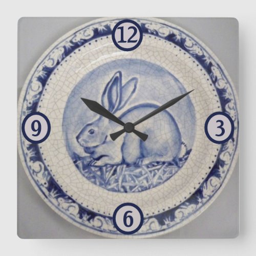 Blue  White Rabbit Bunny Pottery China Dedham Art Square Wall Clock
