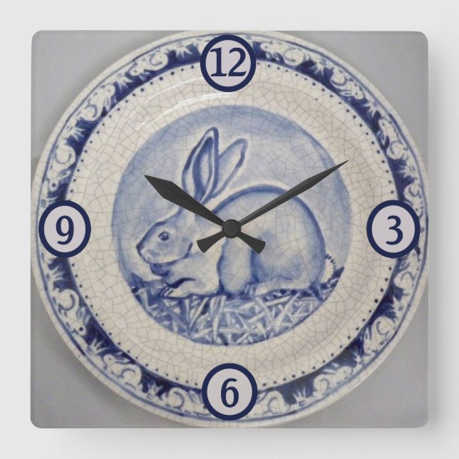 Blue & White Rabbit Bunny Pottery China Dedham Art Square Wall Clock (Front)