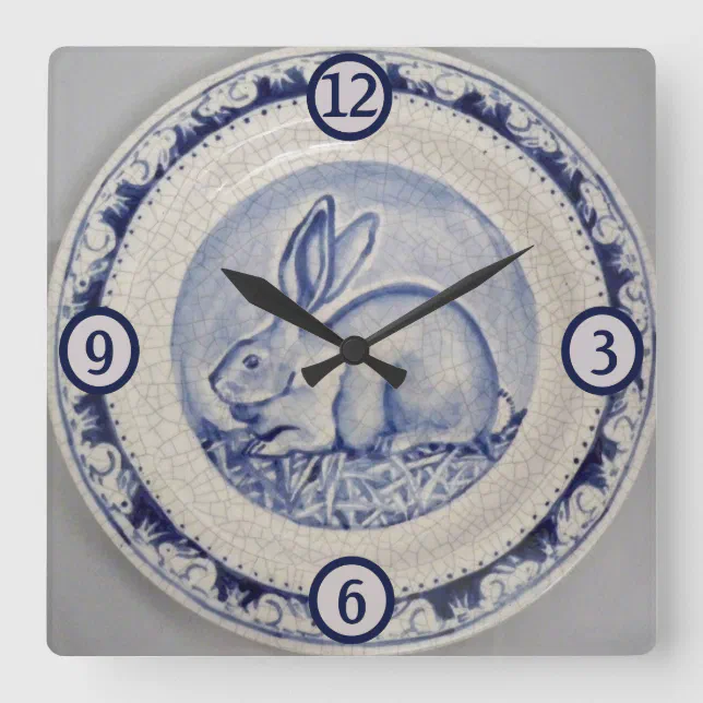 Blue & White Rabbit Bunny Pottery China Dedham Art Square Wall Clock ...