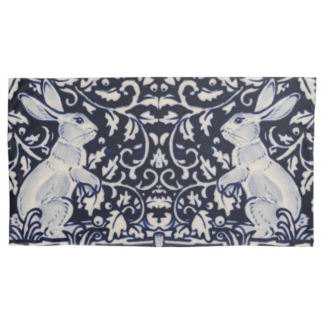 Blue & White Rabbit Bunny Scroll Nature King Size Pillow Case (Front)
