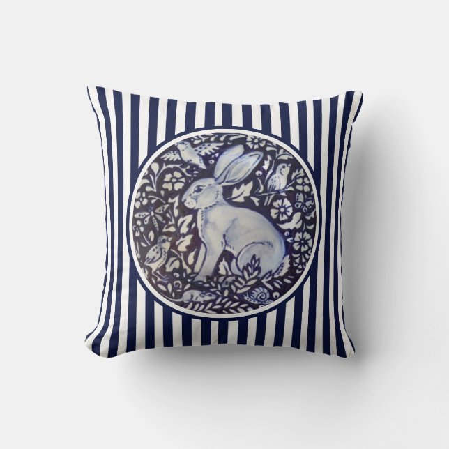 Blue & White Rabbit Bunny Stripe Dedham Floral Throw Pillow (Front)