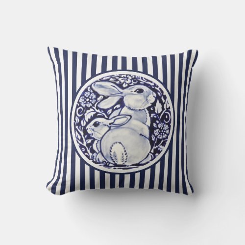 Blue  White Rabbit Bunny Stripes Dedham Floral Outdoor Pillow