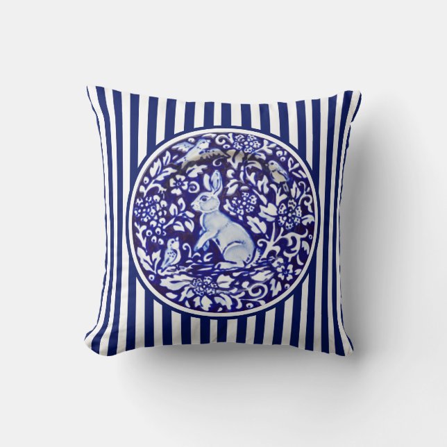 Blue & White Rabbit Bunny Stripes Dedham Floral Throw Pillow (Front)