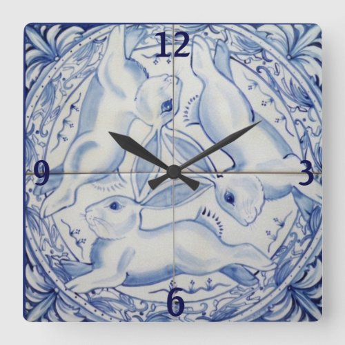 Blue  White Rabbit Bunny Three Hares Tile Decor Square Wall Clock