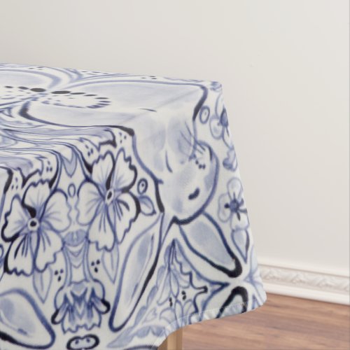 Blue White Rabbit Bunny Tile Design Floral Decor Tablecloth