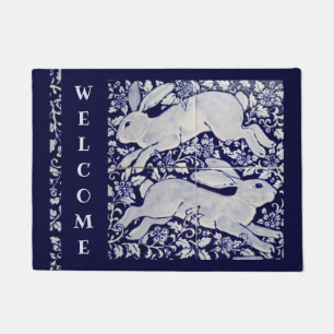 Blue & White Rabbit Bunny Welcome Elegant Tile Art Doormat