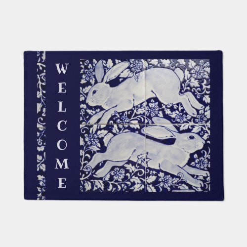 Blue  White Rabbit Bunny Welcome Elegant Tile Art Doormat