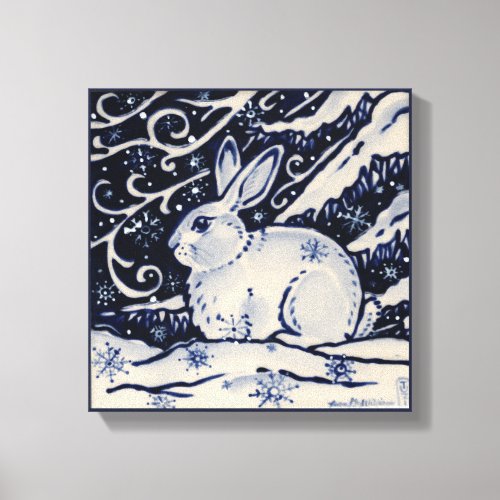 Blue  White Rabbit Bunny Woodland Snow Winter Art Canvas Print
