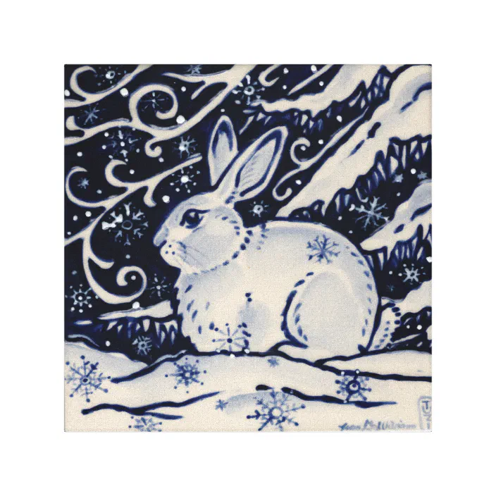 Blue Christmas Snowman Bunnies Child Sledding Full Moon  Wall Art Print 