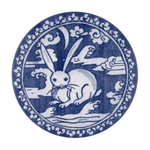 Blue White Rabbit Clouds Moon Antique Chinoiserie Cutting Board