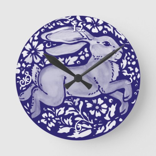 Blue  White Rabbit Dedham Delft Cottagecore Folk Round Clock