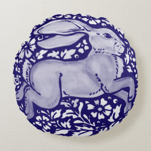 Blue & White Rabbit Dedham Delft Cottagecore Folk Round Pillow