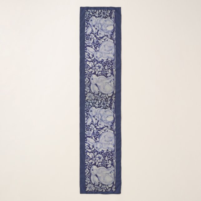 Blue & White Rabbit Family Bunny Easter Tile Art Scarf (Front)