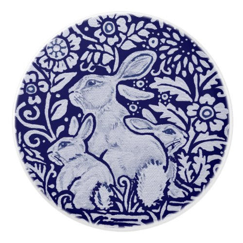 Blue  White Rabbit Family Drawer Pull Knob Dedham