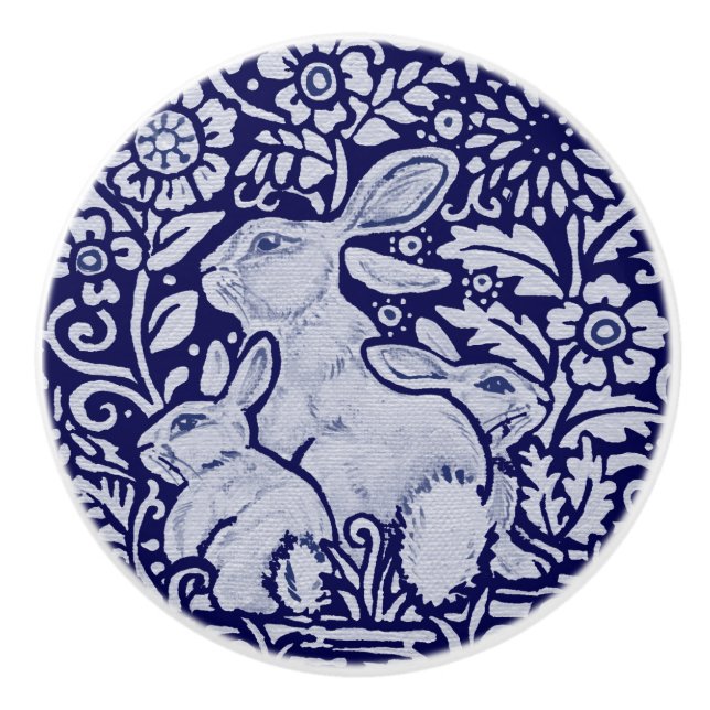 Blue & White Rabbit Family Drawer Pull Knob Dedham (Front)