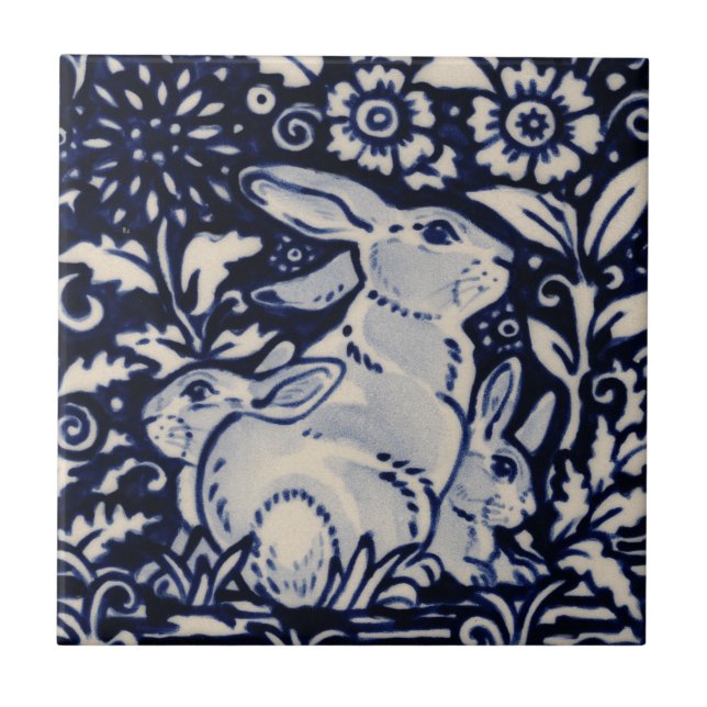 Blue White Rabbit Family Floral Chinoiserie Navy Ceramic Tile (Front)