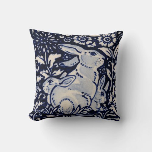 Blue White Rabbit Family Hare Bunny Chinoiserie Throw Pillow