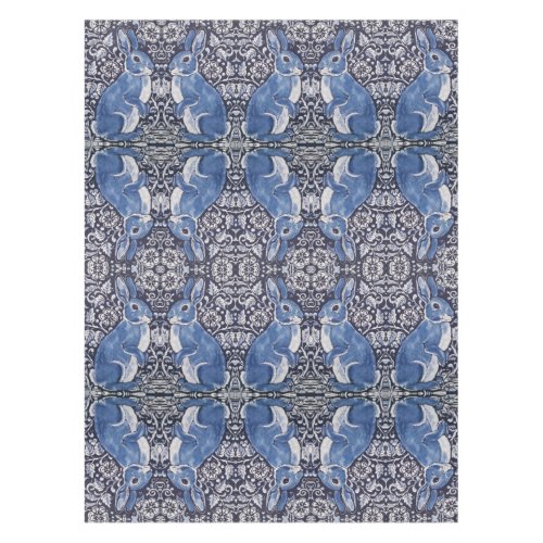 Blue White Rabbit Floral Art Nouveau Tablecloth