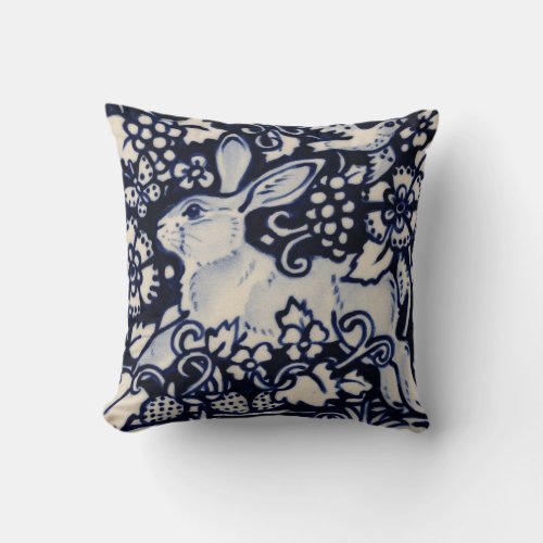 Blue White Rabbit Floral Bird Chinoiserie Berry Throw Pillow