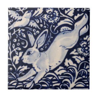 Blue White Rabbit Floral Bird Chinoiserie Cobalt Ceramic Tile