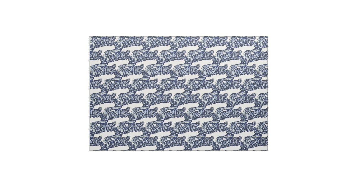 Blue White Rabbit Floral Oriental Animal Pattern Fabric | Zazzle