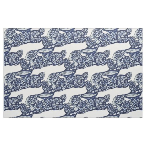 Blue White Rabbit Floral Oriental Animal Pattern Fabric