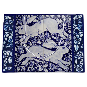 Blue, White Rabbit Floral Tile Design Dedham Delft Large Gift Bag