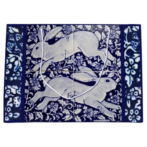 Blue White Rabbit Floral Tile Design Dedham Delft Large Gift Bag