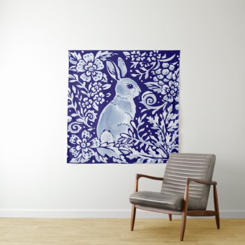 Blue  White Rabbit Floral Woodland Delft Dedham Tapestry