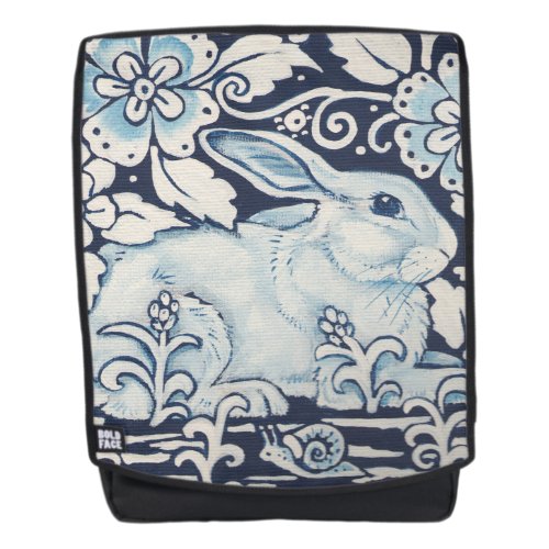 Blue White Rabbit Flowers Bunny Snail Scroll Art Backpack