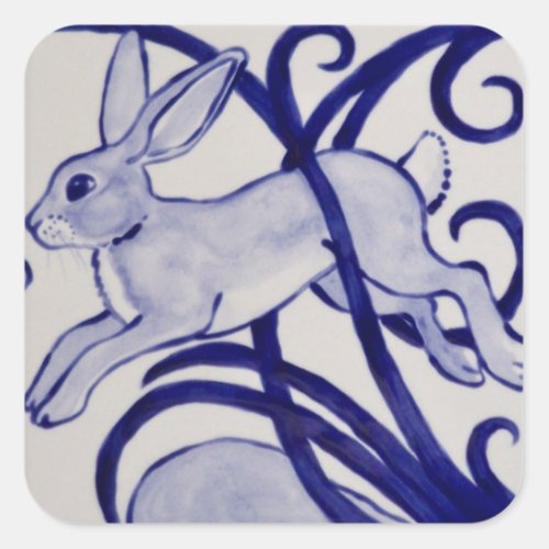 Blue  White Rabbit Hare Art Deco Tile Scroll Square Sticker