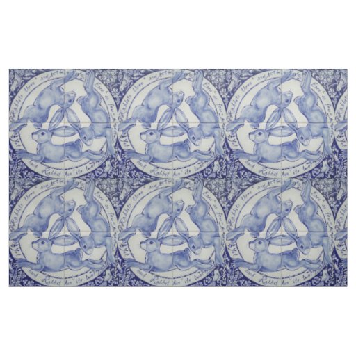 Blue White Rabbit Hare Bird Trio Medallion Fabric