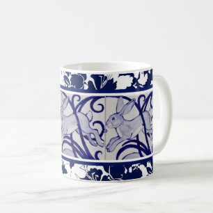 Blue & White Rabbit Hare Bunny Art Deco Tropical Coffee Mug