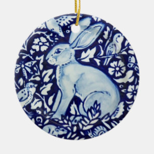 Blue & White Rabbit Hare Bunny Christmas Woodland Ceramic Ornament