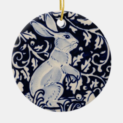 Blue  White Rabbit Hare Bunny Christmas Woodland Ceramic Ornament