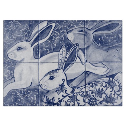 Blue White Rabbit Hare Tiled Chinoiserie Floral  Cutting Board