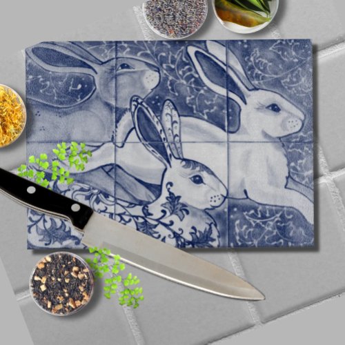 Blue White Rabbit Hare Tiled Chinoiserie Floral Cutting Board