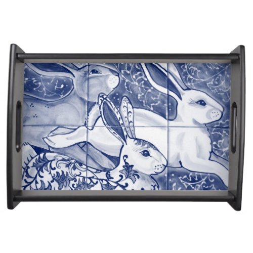 Blue White Rabbit Hare Tiled Chinoiserie Floral Serving Tray