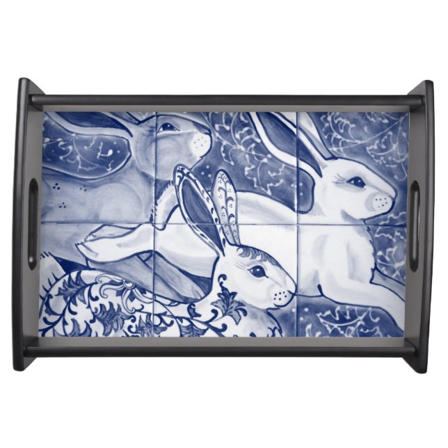 Blue White Rabbit Hare Tiled Chinoiserie Floral Serving Tray (Front)
