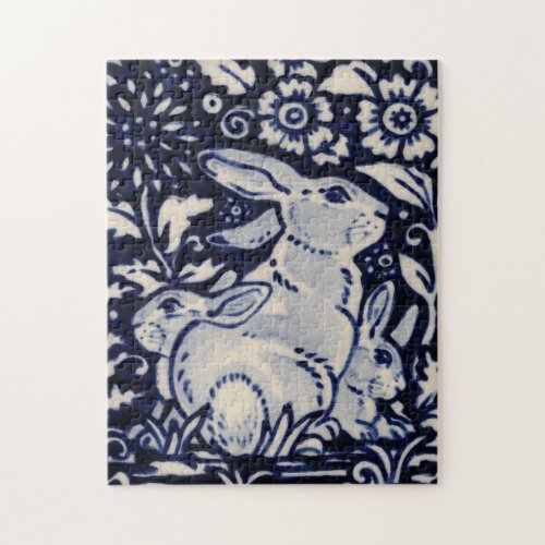Blue  White Rabbit Mom Baby Bunny Woodland Easter Jigsaw Puzzle