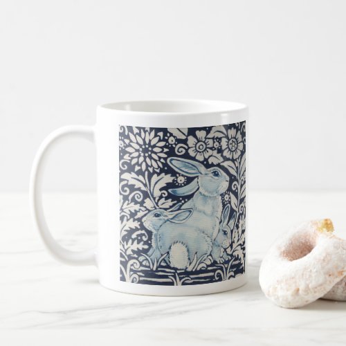 Blue  White Rabbit Painting Woodland Flowers Coffee Mug