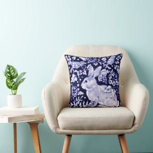 Blue & White Rabbit Pillow, "Dedham Blue" Design Throw Pillow