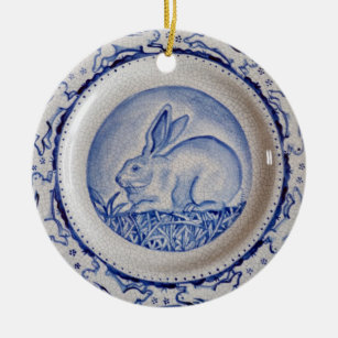 Blue & White Rabbit Pottery Ornament,"Dedham Blue" Ceramic Ornament