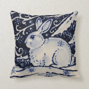 Blue White Rabbit Snow Winter Chinoiserie Cobalt Throw Pillow