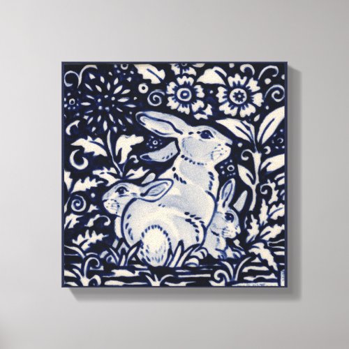 Blue  White Rabbit Spring Floral Baby Bunny Art Canvas Print