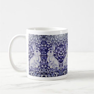 Blue & White Rabbit Strawberry Garden Bunny Floral Coffee Mug