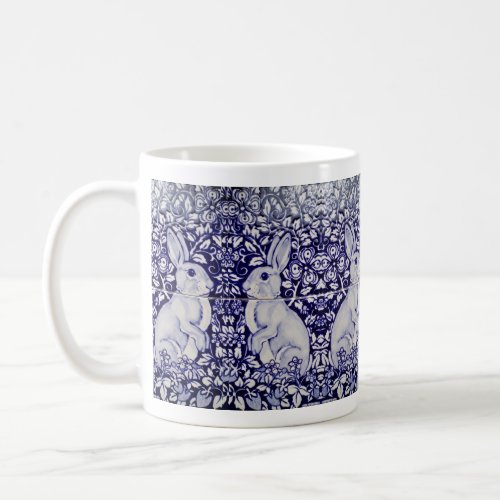 Blue  White Rabbit Strawberry Garden Bunny Floral Coffee Mug