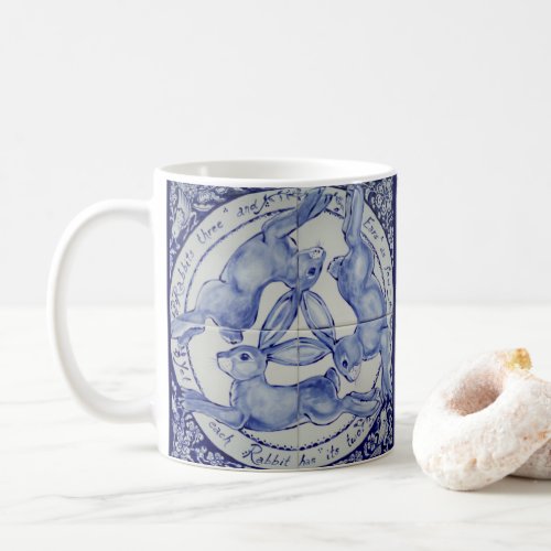 Blue  White Rabbit Three Hares Medallion Bird Coffee Mug