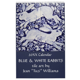 Blue & White Rabbit Tile Art Any Year Calendar